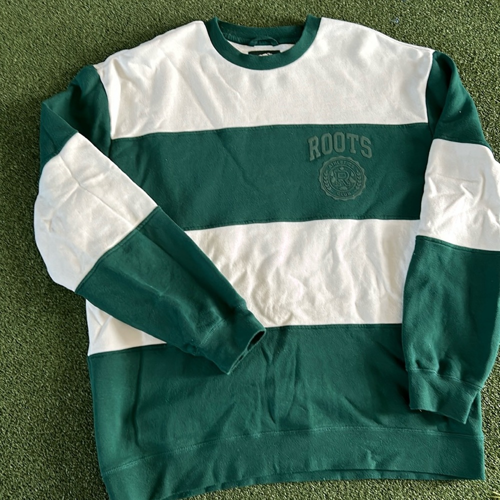 Roots Men's Green and White Stripe Crewneck Sweatshirt